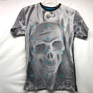 Entree LS Mens M Flaming Skull Mesh Shirt Gray